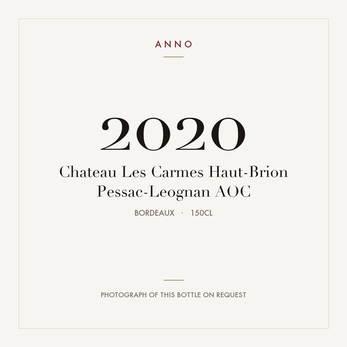 Chateau Les Carmes Haut-Brion Pessac-Leognan 2020 AOC 1,5l, Bordeaux — carte millésime ANNO ; photo de la bouteille réelle disponible sur demande