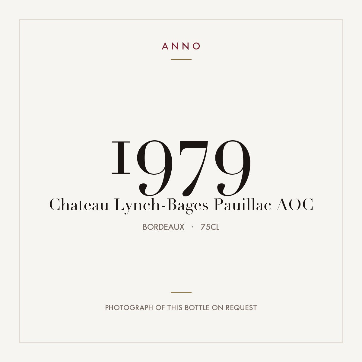 Chateau Lynch-Bages Pauillac 1979 AOC 0,75l from Bordeaux — ANNO vintage card; photograph of the actual bottle available on request