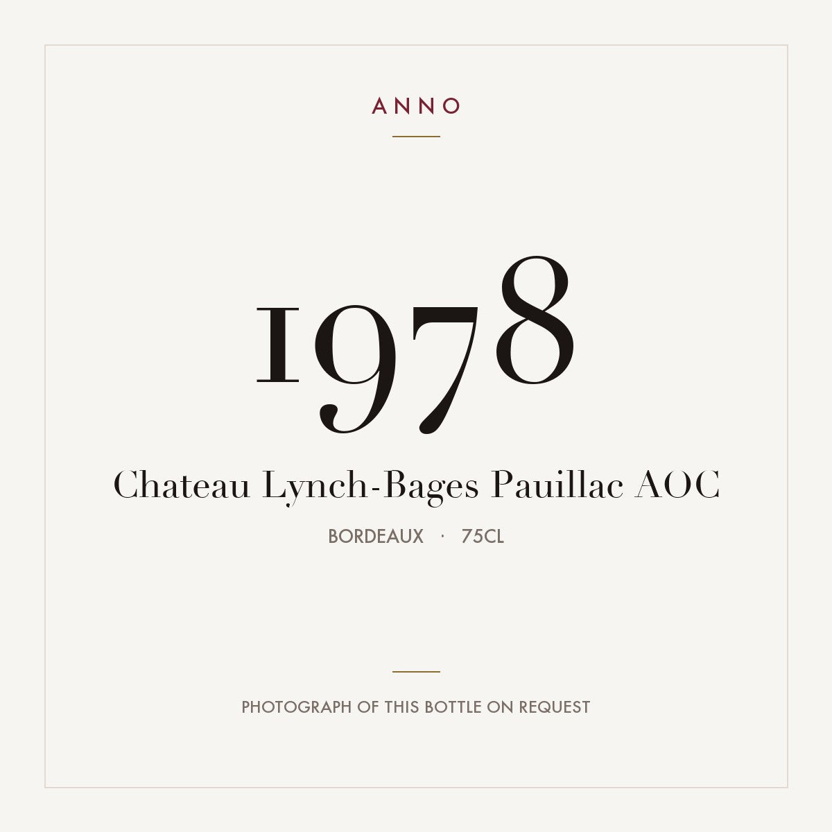 Chateau Lynch-Bages Pauillac 1978 AOC 0,75l, Bordeaux — card dell'annata ANNO; foto della bottiglia reale disponibile su richiesta