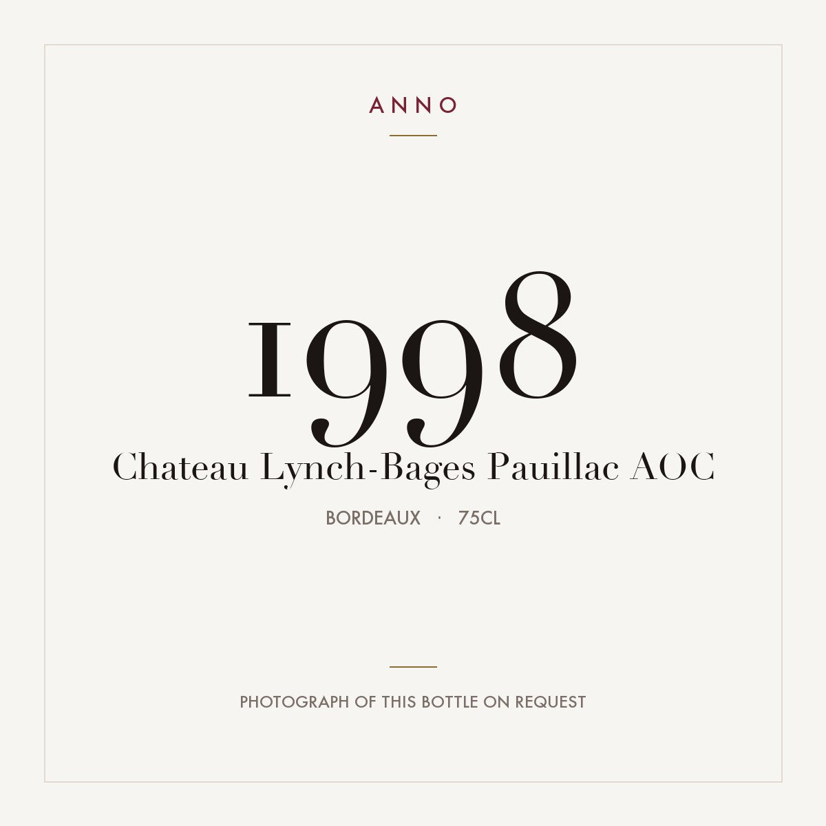 Chateau Lynch-Bages Pauillac 1998 AOC 0,75l from Bordeaux — ANNO vintage card; photograph of the actual bottle available on request