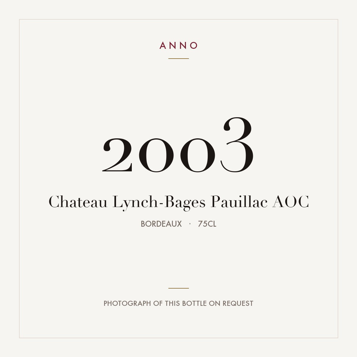 Chateau Lynch-Bages Pauillac 2003 AOC 0,75l from Bordeaux — ANNO vintage card; photograph of the actual bottle available on request
