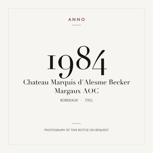 Chateau Marquis d'Alesme Becker Margaux 1984 AOC 0,75l from Bordeaux — ANNO vintage card; photograph of the actual bottle available on request