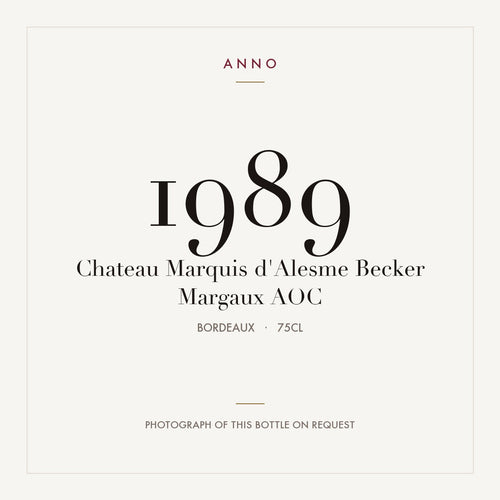 Chateau Marquis d'Alesme Becker Margaux 1989 AOC 0,75l from Bordeaux — ANNO vintage card; photograph of the actual bottle available on request