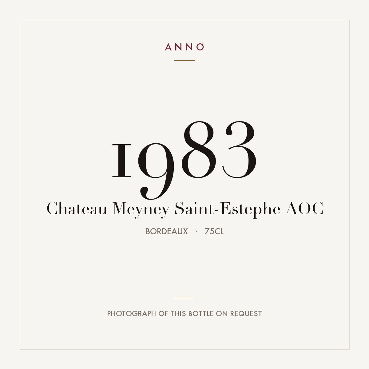 Chateau Meyney Saint-Estephe 1983 AOC 0,75l from Bordeaux — ANNO vintage card; photograph of the actual bottle available on request