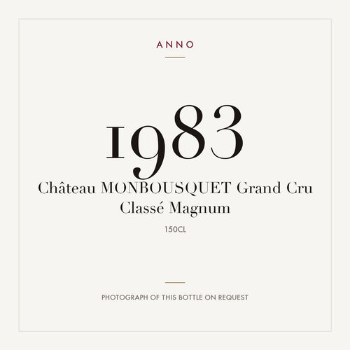 Chateau Monbousquet Grand Cru Classe Saint-Emilion 1983 AOC 1,5l — cartão de colheita ANNO; fotografia da garrafa real disponível a pedido