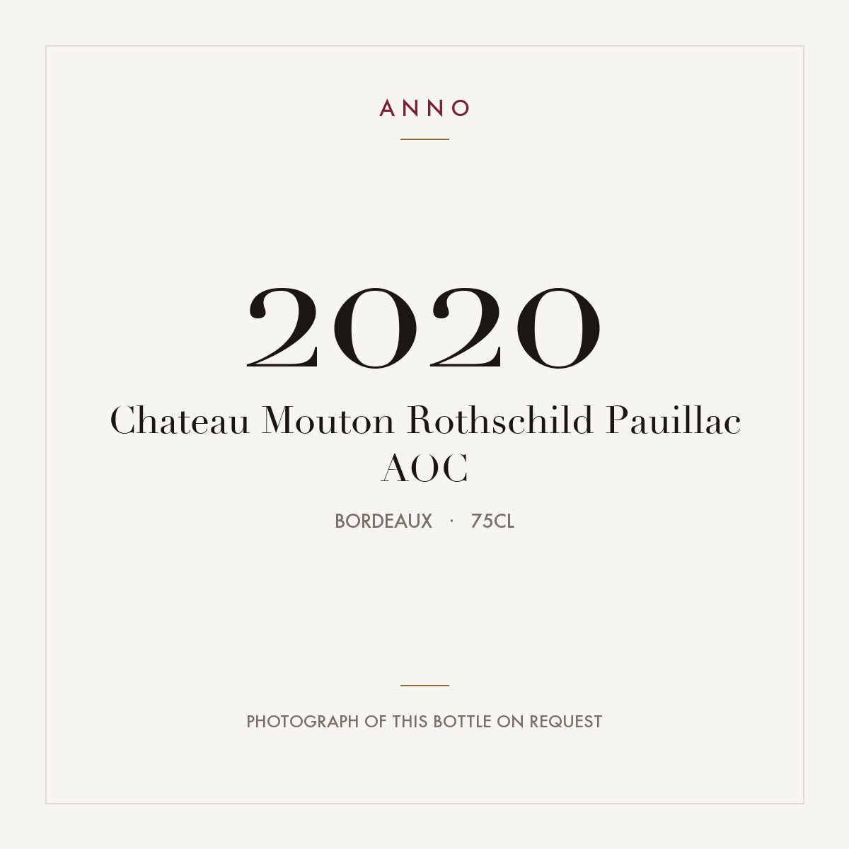 Chateau Mouton Rothschild Pauillac 2020 AOC 0,75l, ボルドー — ANNOヴィンテージカード。実際のボトルの写真はご要望に応じてご用意します