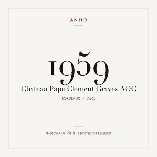 Chateau Pape Clement Graves 1959 AOC 0,75l, Bordéus — cartão de colheita ANNO; fotografia da garrafa real disponível a pedido