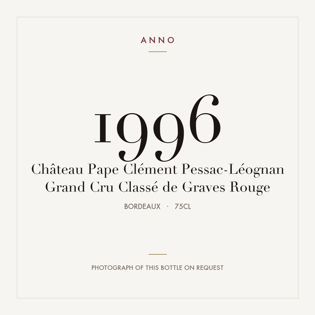 Chateau Pape Clement Pessac-Leognan 1996 AOC 0,75l — ANNO vintage card; photograph of the actual bottle available on request