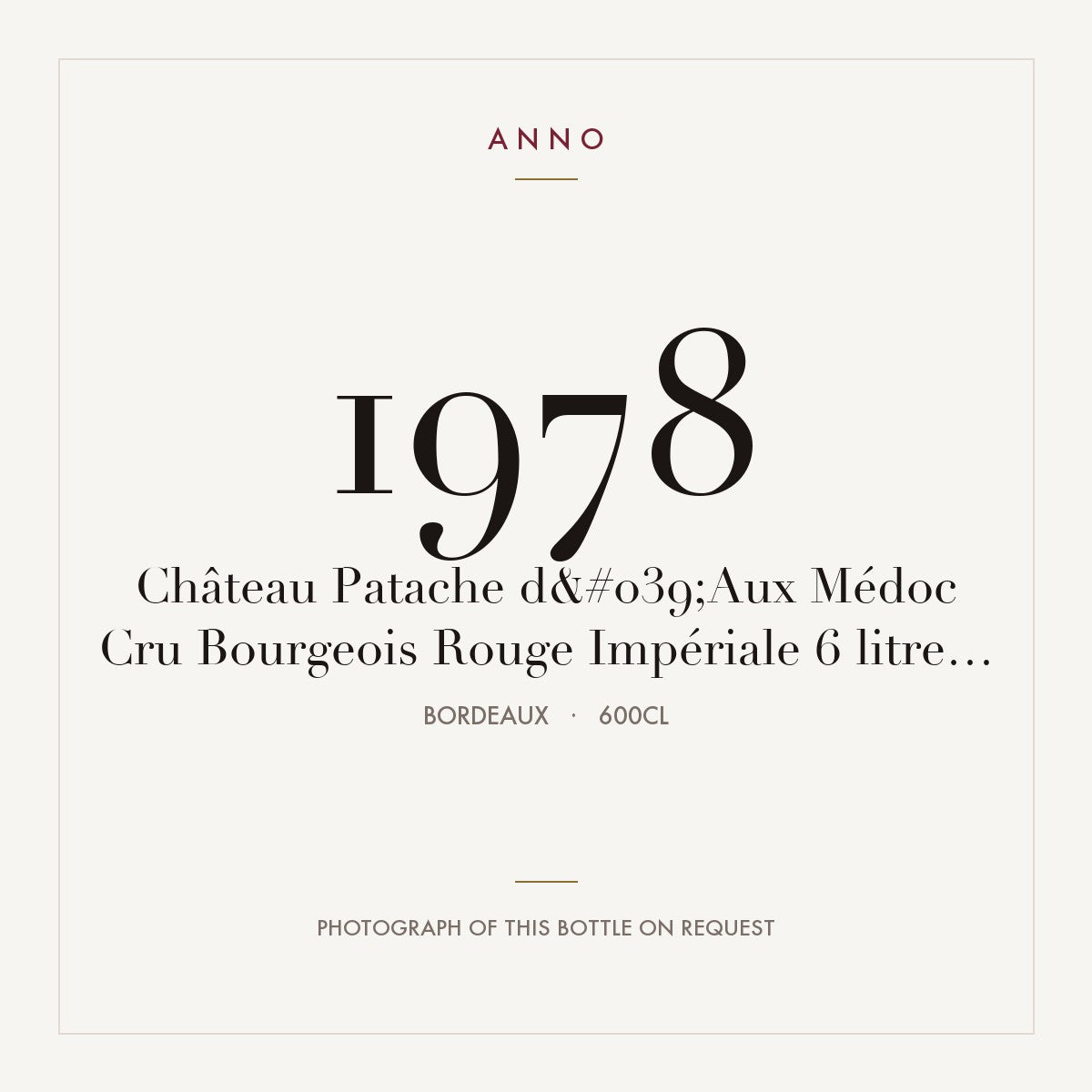 Chateau Patache d'Aux Medoc 1978 AOC 6l — ANNO vintage card; photograph of the actual bottle available on request