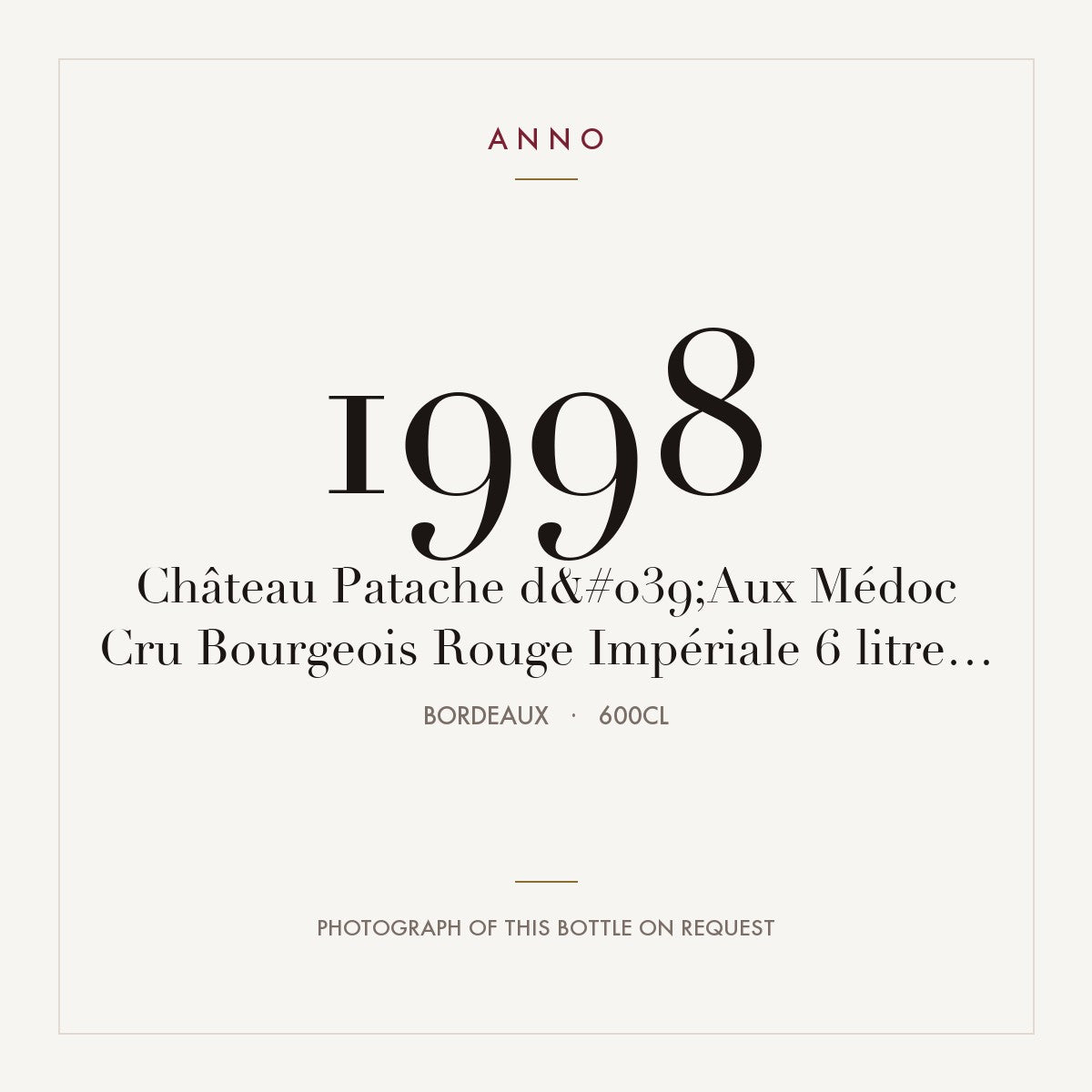 Chateau Patache d'Aux Medoc 1998 AOC 6l — ANNO vintage card; photograph of the actual bottle available on request