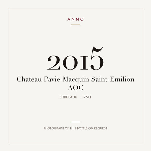 Chateau Pavie-Macquin Saint-Emilion 2015 AOC 0,75l, Bordeaux — carte millésime ANNO ; photo de la bouteille réelle disponible sur demande