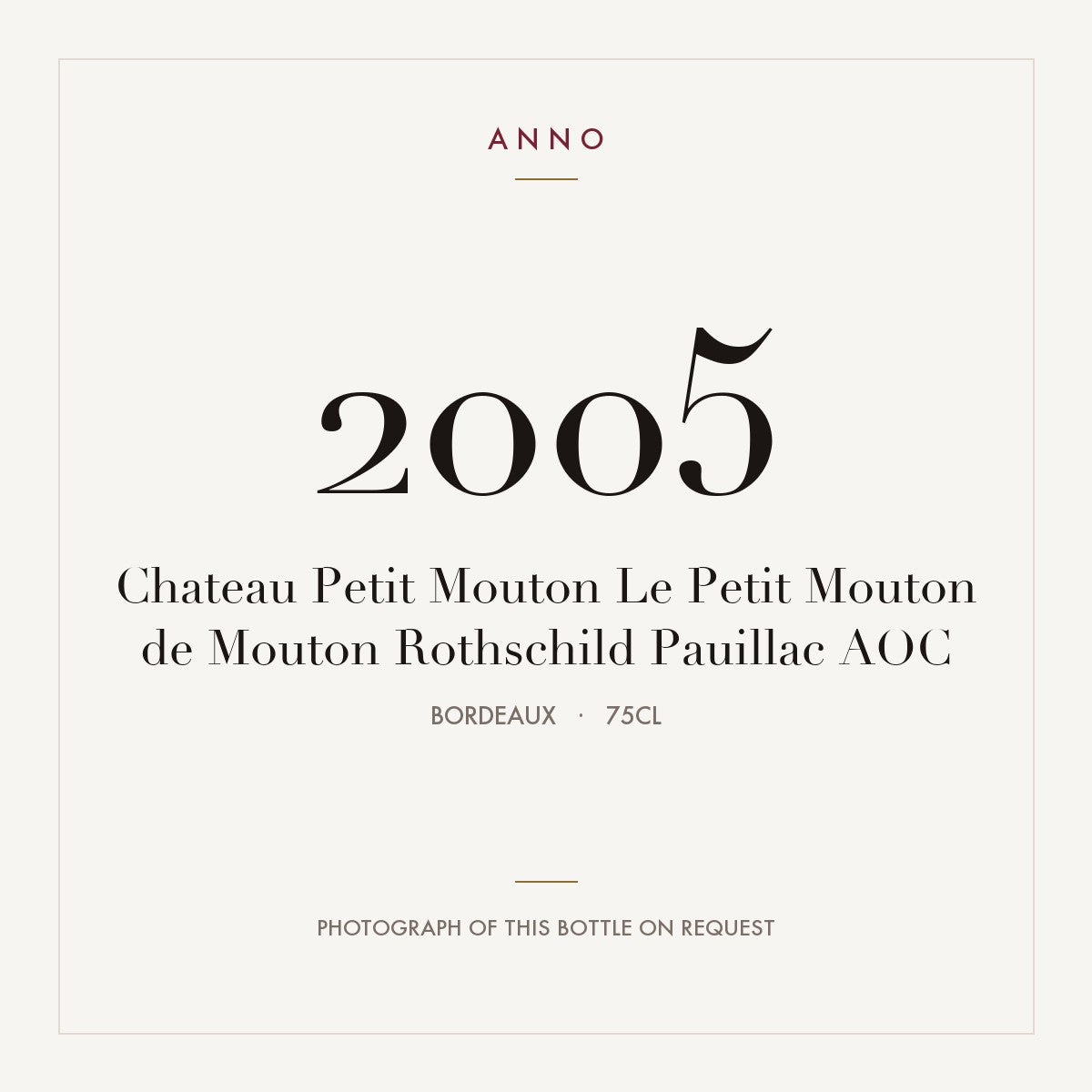 Chateau Petit Mouton Le Petit Mouton de Mouton Rothschild Pauillac 2005 AOC 0,75l from Bordeaux — ANNO vintage card; photograph of the actual bottle available on request