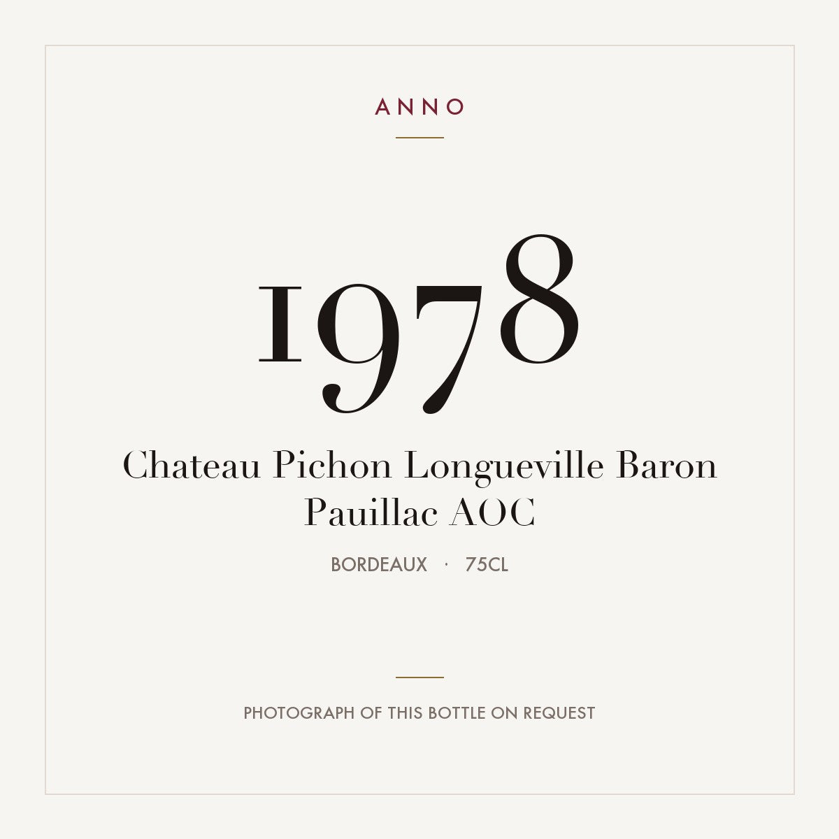 Chateau Pichon Longueville Baron Pauillac 1978 AOC 0,75l, Bordeaux — carte millésime ANNO ; photo de la bouteille réelle disponible sur demande