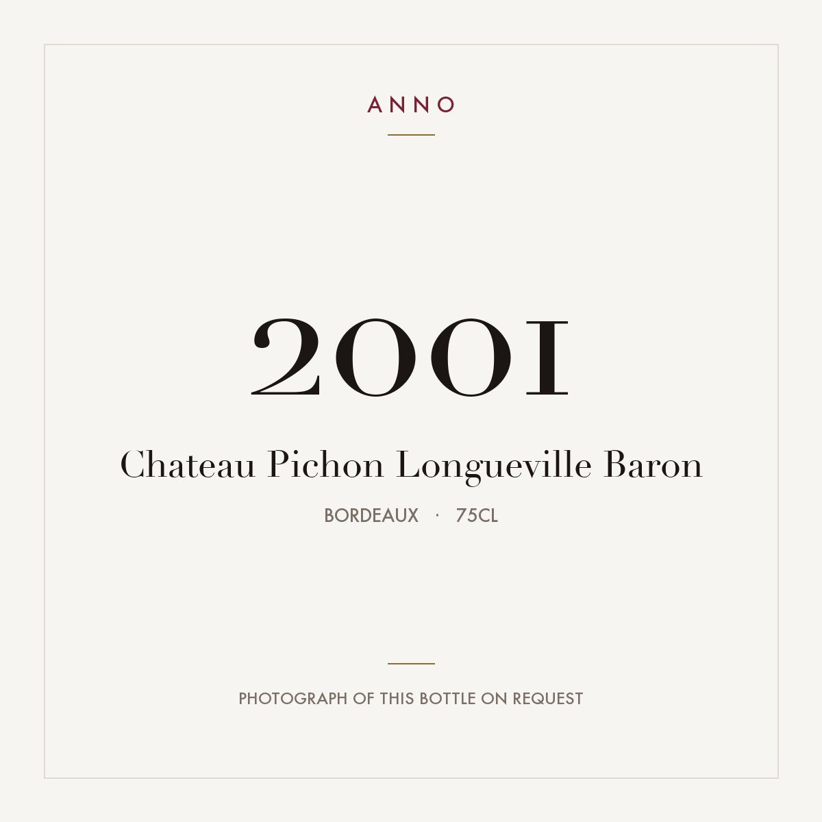 Chateau Pichon Longueville Baron Pauillac 2001 AOC 0,75l — carte millésime ANNO ; photo de la bouteille réelle disponible sur demande