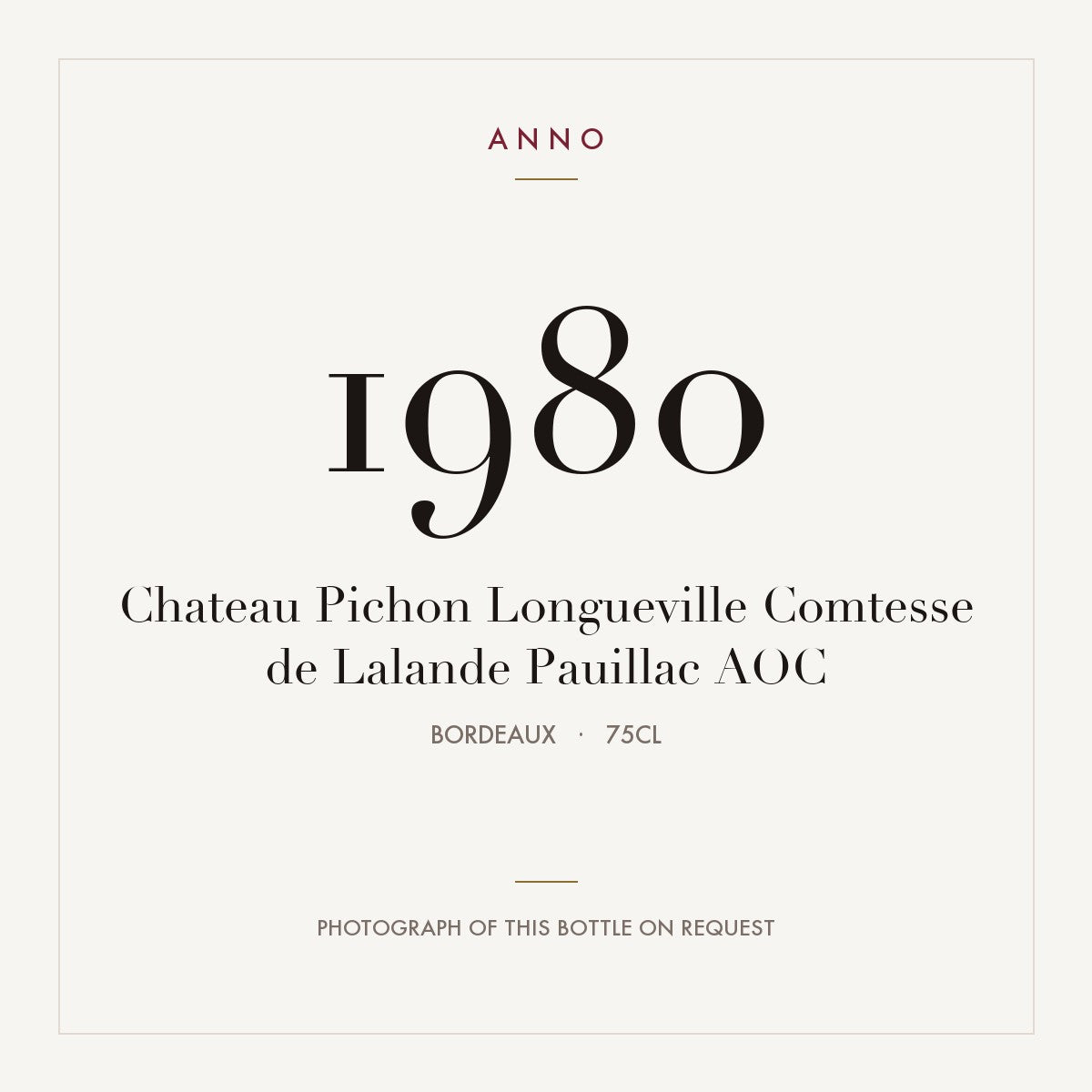Chateau Pichon Longueville Comtesse de Lalande Pauillac 1980 AOC 0,75l from Bordeaux — ANNO vintage card; photograph of the actual bottle available on request