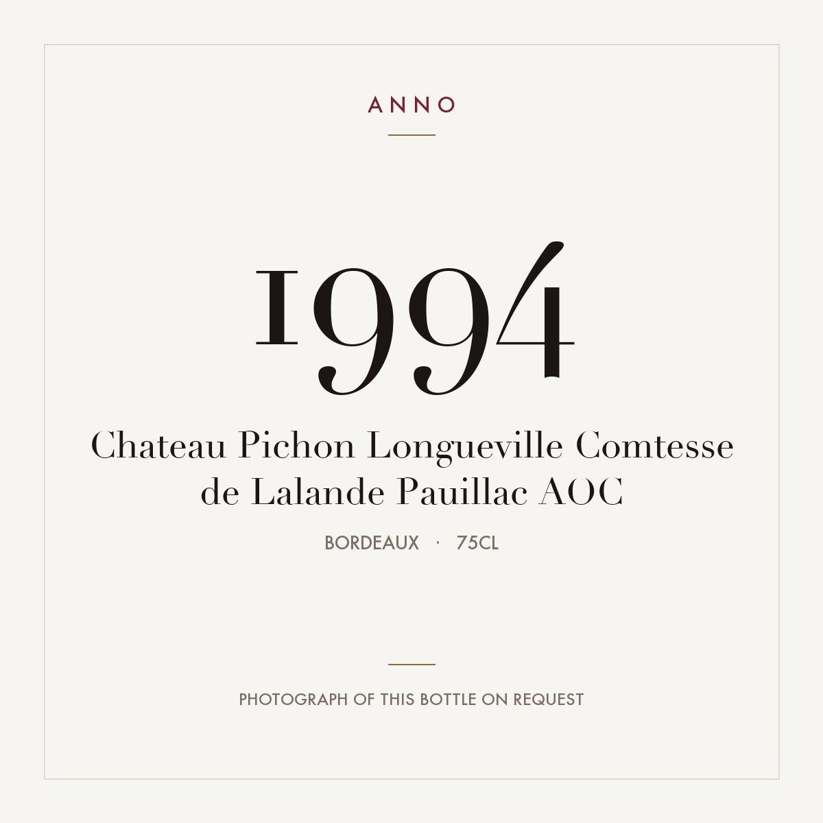 Chateau Pichon Longueville Comtesse de Lalande Pauillac 1994 AOC 0,75l from Bordeaux — ANNO vintage card; photograph of the actual bottle available on request
