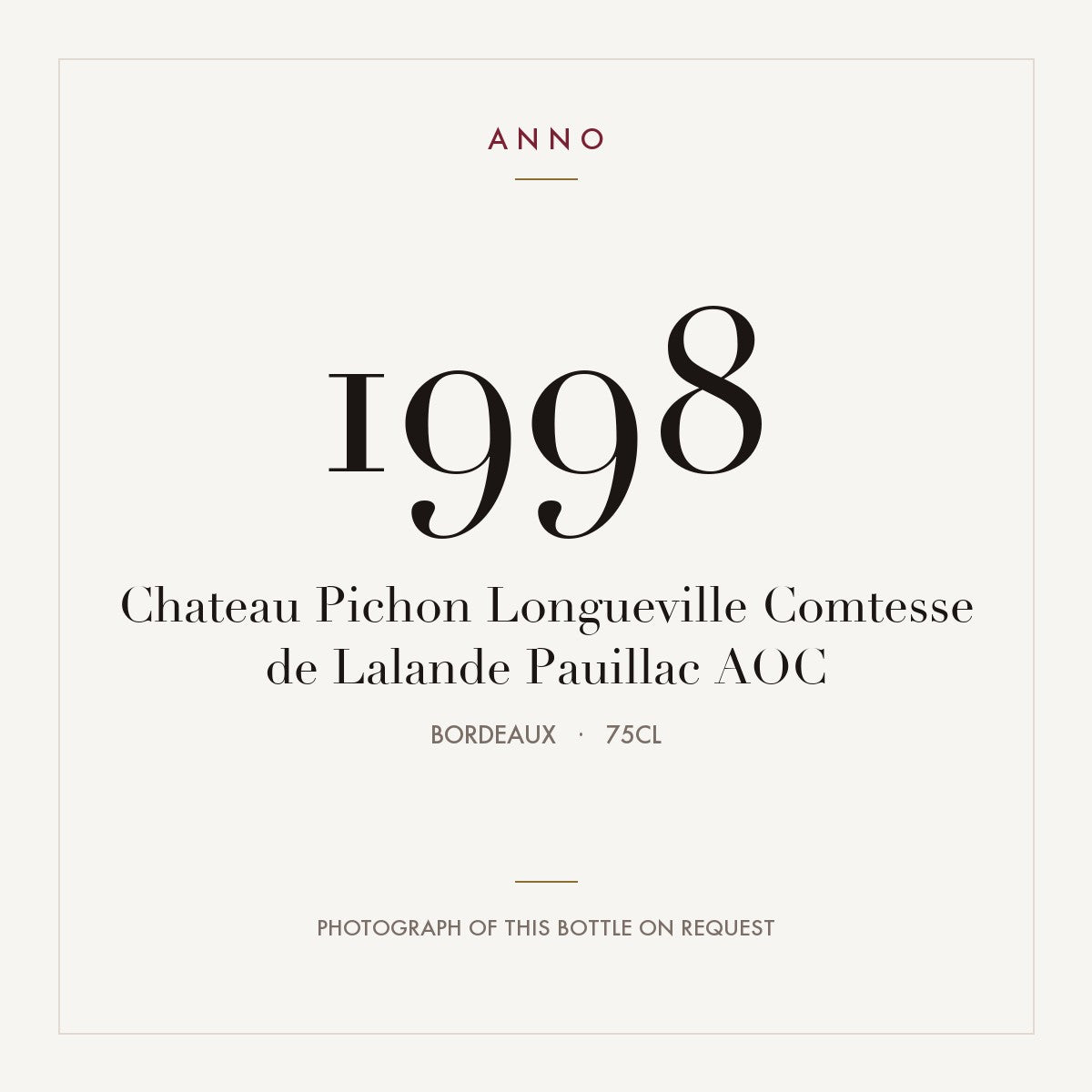 Chateau Pichon Longueville Comtesse de Lalande Pauillac 1998 AOC 0,75l, Бордо — карточка урожая ANNO; фото настоящей бутылки по запросу
