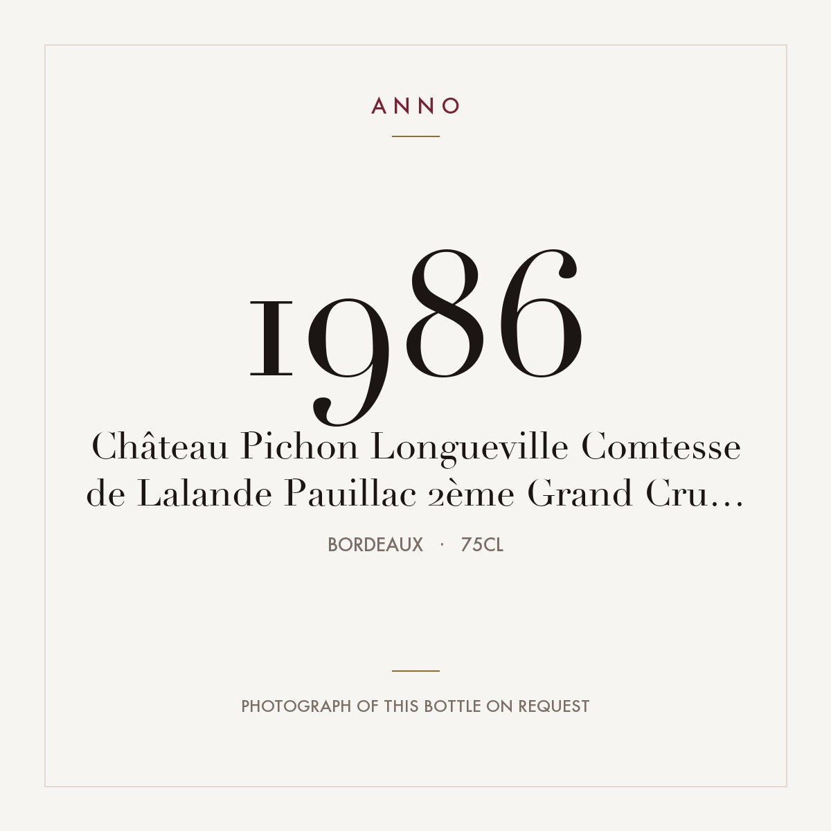 Chateau Pichon Longueville Comtesse de Lalande Pauillac 1986 AOC 0,75l — ANNO vintage card; photograph of the actual bottle available on request