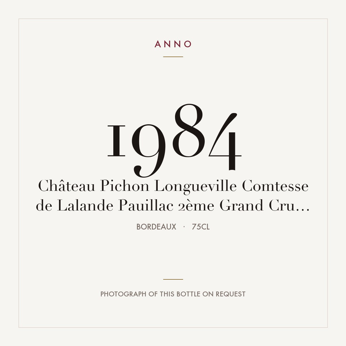 Chateau Pichon Longueville Comtesse de Lalande Pauillac 1984 AOC 0,75l — ANNO vintage card; photograph of the actual bottle available on request