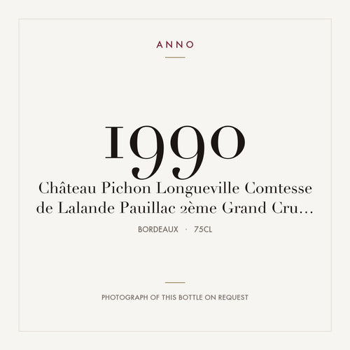 Chateau Pichon Longueville Comtesse de Lalande Pauillac 1990 AOC 0,75l — carte millésime ANNO ; photo de la bouteille réelle disponible sur demande