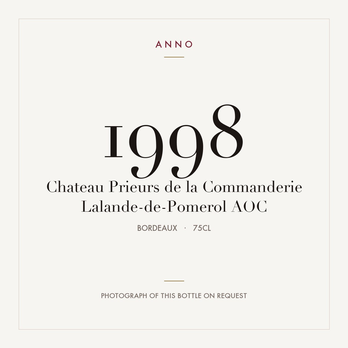 Chateau Prieurs de la Commanderie Lalande-de-Pomerol 1998 AOC 0,75l from Bordeaux — ANNO vintage card; photograph of the actual bottle available on request