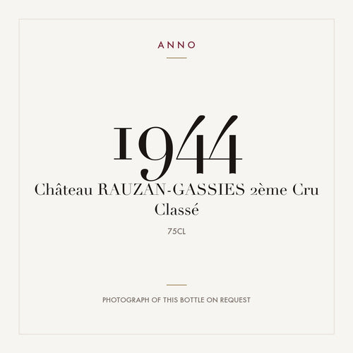 Chateau Rauzan-Gassies Margaux 1944 AOC 0,75l — card dell'annata ANNO; foto della bottiglia reale disponibile su richiesta