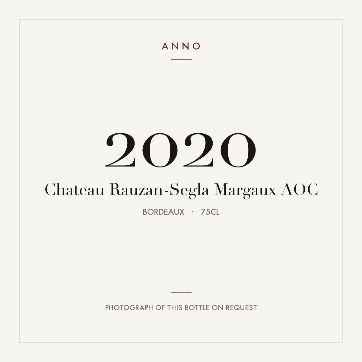 Chateau Rauzan-Segla Margaux 2020 AOC 0,75l, Bordeaux — ANNO-Jahrgangskarte; Foto der tatsächlichen Flasche auf Anfrage