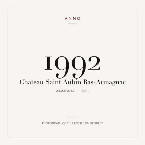 Chateau Saint Aubin Bas-Armagnac 1992 0,7l from Armagnac — ANNO vintage card; photograph of the actual bottle available on request