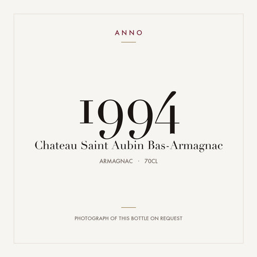 Chateau Saint Aubin Bas-Armagnac 1994 0,7l from Armagnac — ANNO vintage card; photograph of the actual bottle available on request