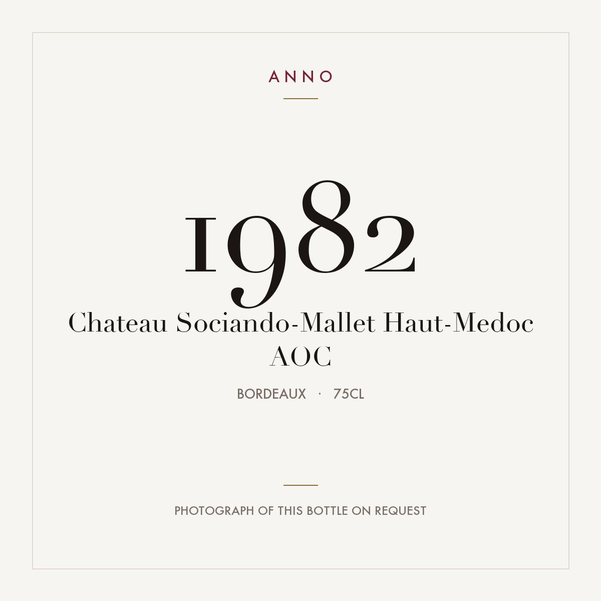 Chateau Sociando-Mallet Haut-Medoc 1982 AOC 0,75l from Bordeaux — ANNO vintage card; photograph of the actual bottle available on request