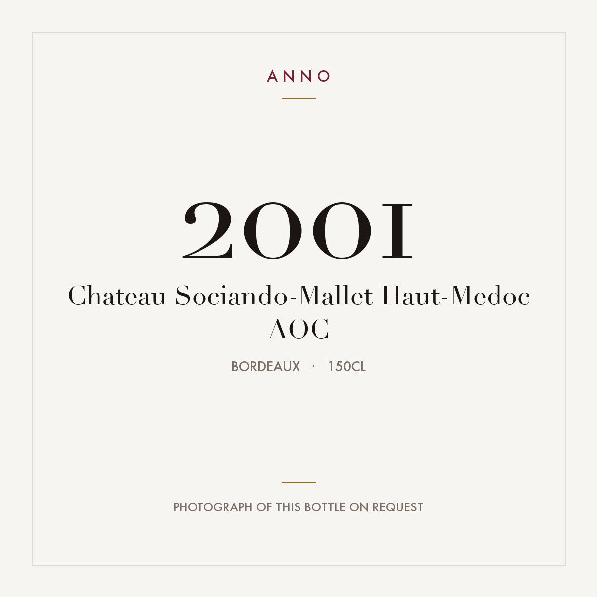 Chateau Sociando-Mallet Haut-Medoc 2001 AOC 1,5l, Bordéus — cartão de colheita ANNO; fotografia da garrafa real disponível a pedido