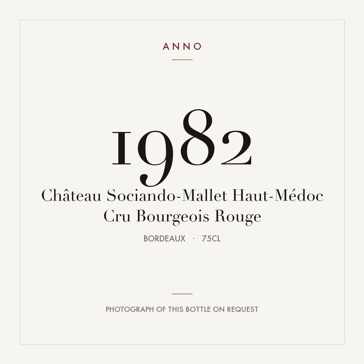 Chateau Sociando-Mallet Haut-Medoc 1982 AOC 0,75l — ANNO vintage card; photograph of the actual bottle available on request