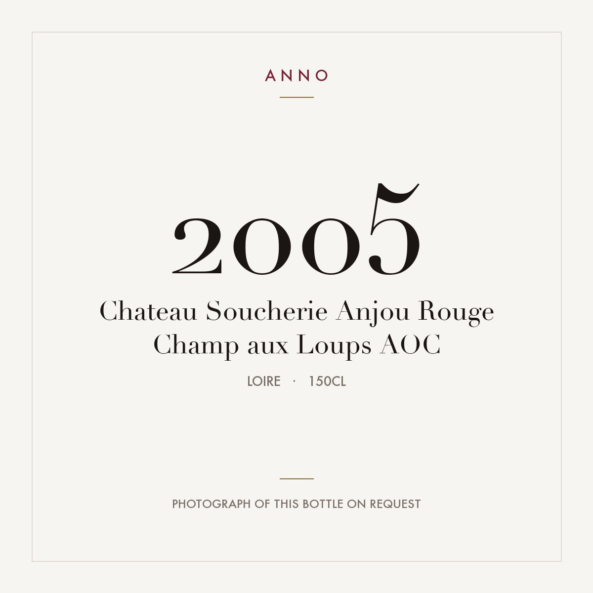Chateau Soucherie Anjou Rouge Champ aux Loups 2005 AOC 1,5l, 羅亞爾河 — ANNO 年份卡；實際酒瓶照片可應要求提供