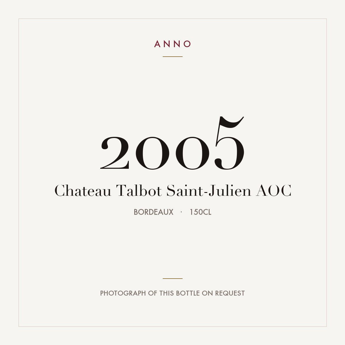 Chateau Talbot Saint-Julien 2005 AOC 1,5l, Bordeaux — carte millésime ANNO ; photo de la bouteille réelle disponible sur demande