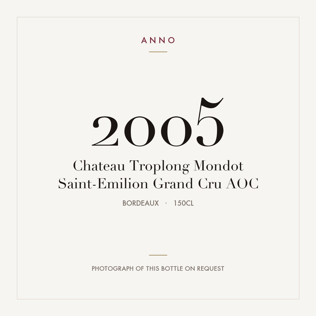 Chateau Troplong Mondot Saint-Emilion Grand Cru 2005 AOC 1,5l, Bordeaux — card dell'annata ANNO; foto della bottiglia reale disponibile su richiesta