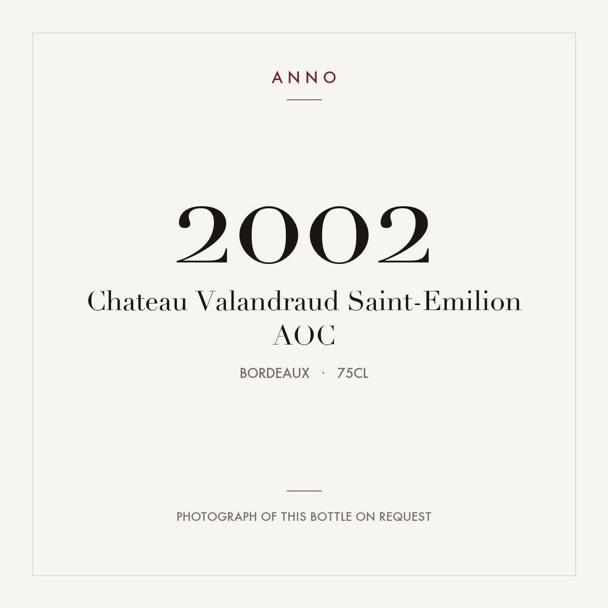Chateau Valandraud Saint-Emilion 2002 AOC 0,75l, Bordeaux — card dell'annata ANNO; foto della bottiglia reale disponibile su richiesta