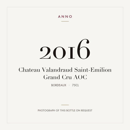 Chateau Valandraud Saint-Emilion Grand Cru 2016 AOC 0,75l from Bordeaux — ANNO vintage card; photograph of the actual bottle available on request
