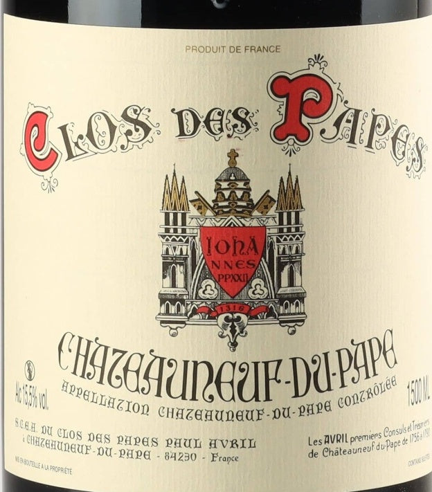 Clos des Papes Chateauneuf-du-Pape 2020 AOC 0,75l — vinetiket, illustrativt billede