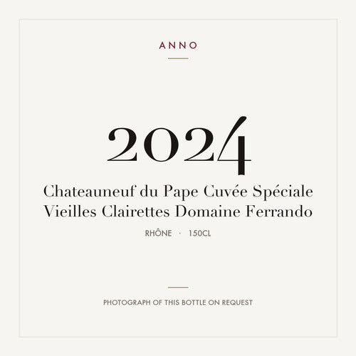 Domaine Ferrando Chateauneuf-du-Pape Cuvee Speciale Vieilles Clairettes 2024 AOC 1,5l — cartão de colheita ANNO; fotografia da garrafa real disponível a pedido