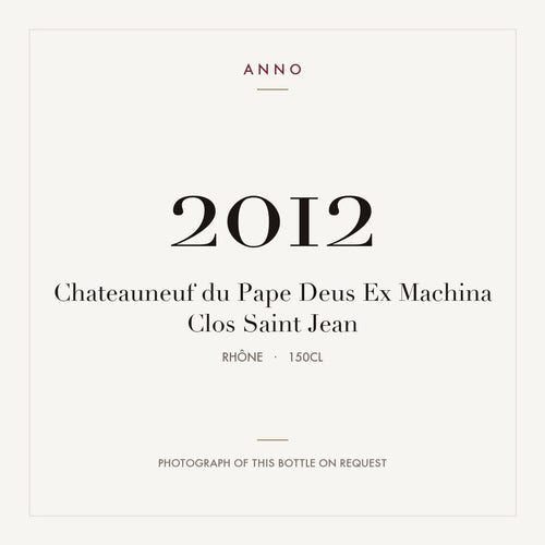 Clos Saint Jean Chateauneuf-du-Pape Deus Ex Machina 2012 AOC 1,5l — cartão de colheita ANNO; fotografia da garrafa real disponível a pedido