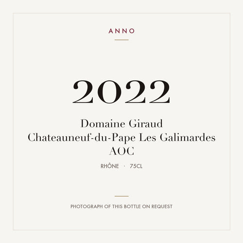 Domaine Giraud Chateauneuf-du-Pape Les Galimardes 2022 AOC 0,75l from Rhône — ANNO vintage card; photograph of the actual bottle available on request