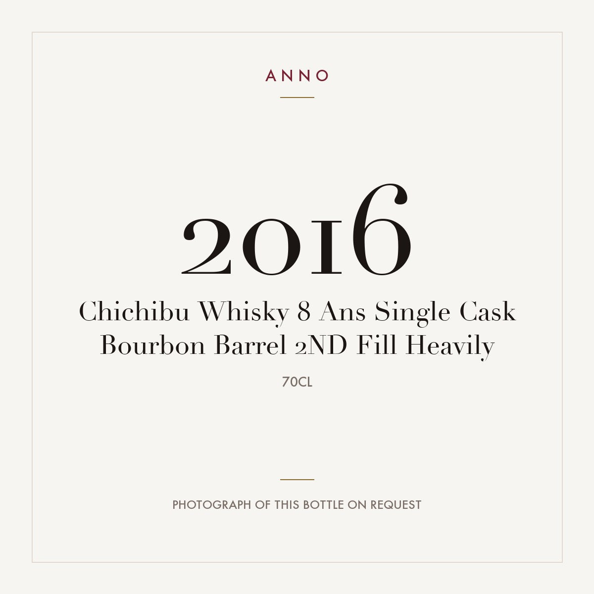Chichibu Whisky 8 Ans Single Cask Bourbon Barrel 2ND Fill Heavily 2016 0,7l — cartão de colheita ANNO; fotografia da garrafa real disponível a pedido