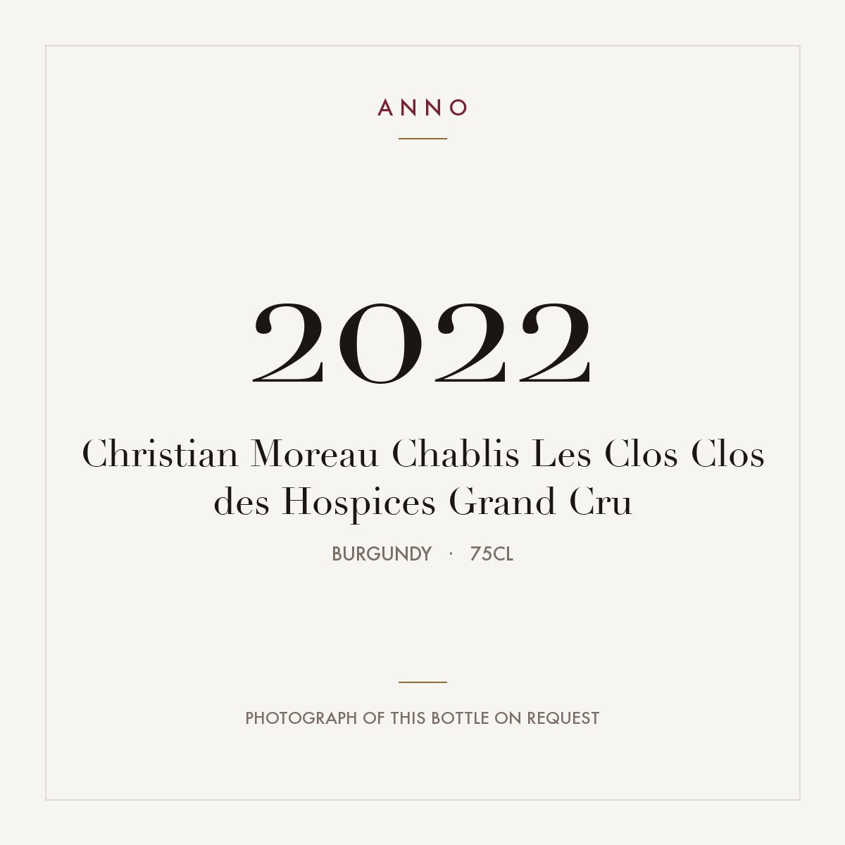 Christian Moreau Chablis Les Clos Clos des Hospices Grand Cru 2022 AOC 0,75l — ANNO vintage card; photograph of the actual bottle available on request