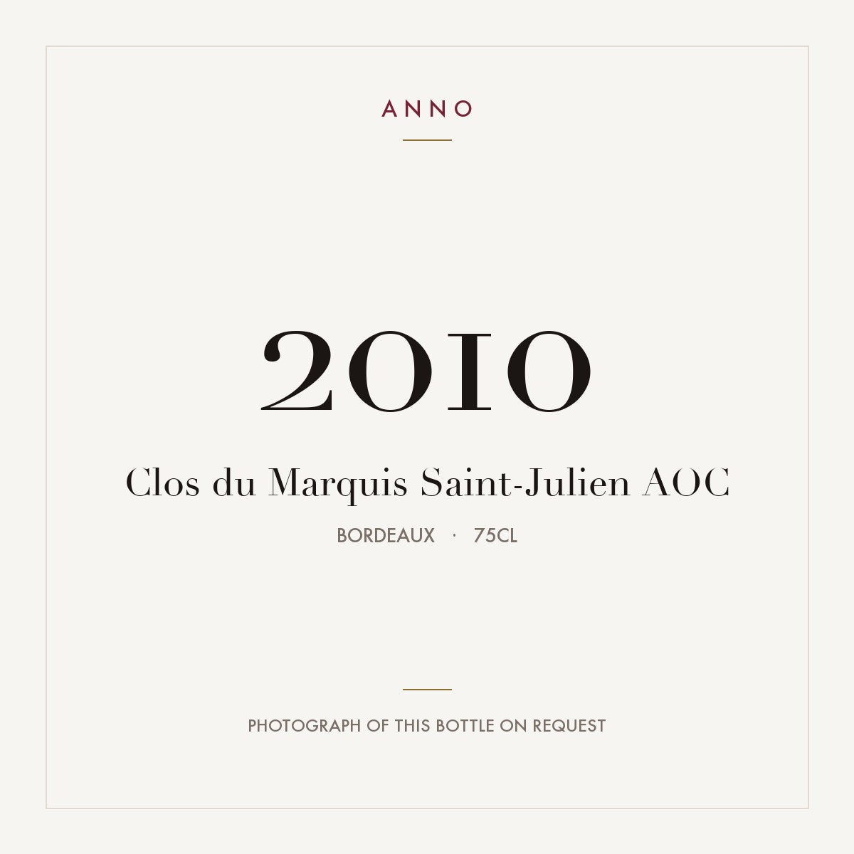 Clos du Marquis Saint-Julien 2010 AOC 0,75l from Bordeaux — ANNO vintage card; photograph of the actual bottle available on request