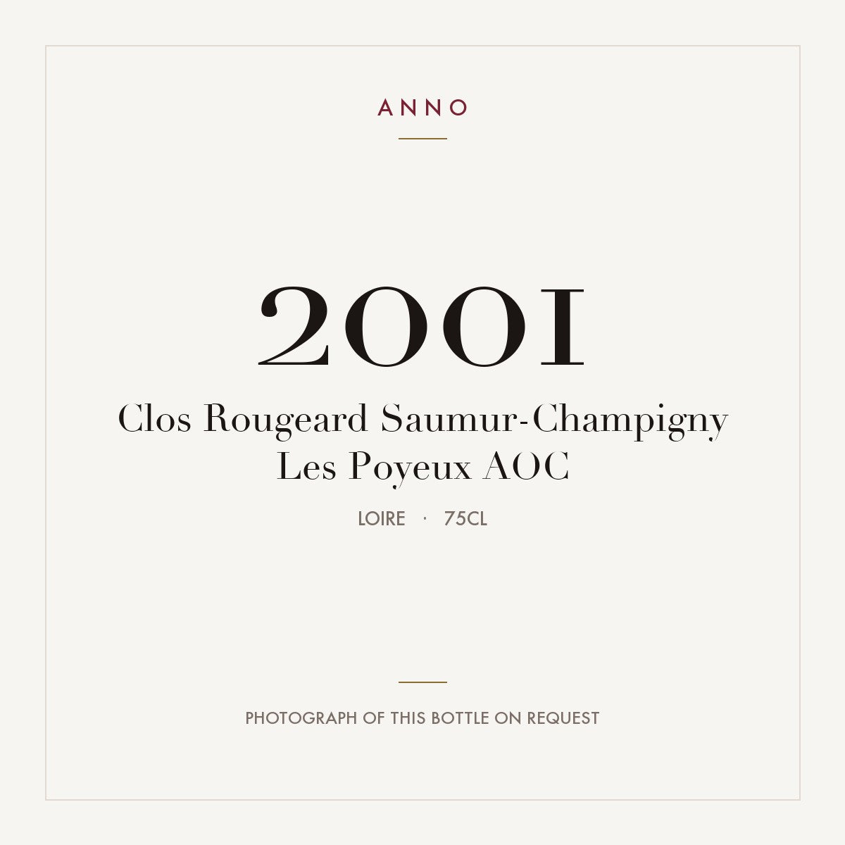 Clos Rougeard Saumur-Champigny Les Poyeux 2001 AOC 0,75l, Loire — cartão de colheita ANNO; fotografia da garrafa real disponível a pedido