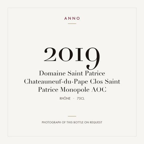 Domaine Saint Patrice Chateauneuf-du-Pape Clos Saint Patrice Monopole 2019 AOC 0,75l from Rhône — ANNO vintage card; photograph of the actual bottle available on request