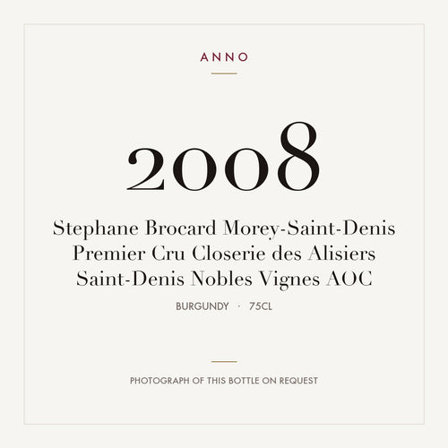 Stephane Brocard Morey-Saint-Denis Premier Cru Closerie des Alisiers Saint-Denis Nobles Vignes 2008 AOC 0,75l from Burgundy — ANNO vintage card; photograph of the actual bottle available on request