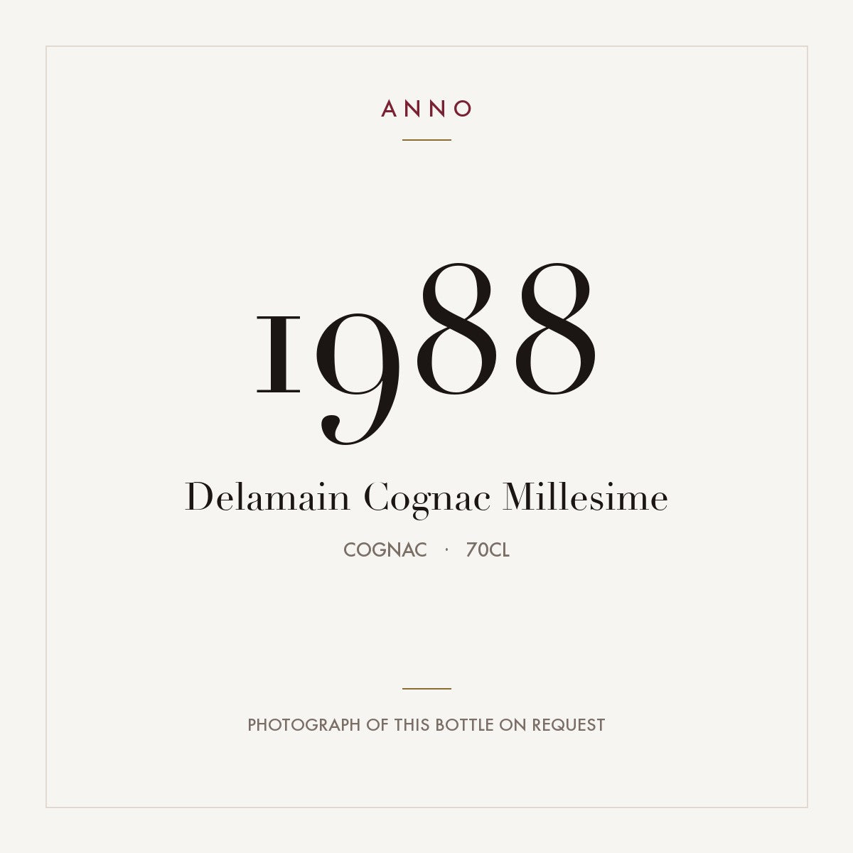 Delamain Cognac Millesime 1988 0,7l, Cognac — ANNO-årgangskort; foto af den faktiske flaske på forespørgsel