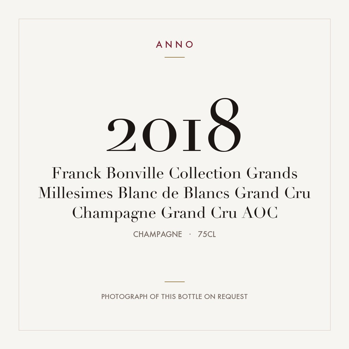 Franck Bonville Collection Grands Millesimes Blanc de Blancs Grand Cru Champagne Grand Cru 2018 AOC 0,75l, 香檳區 — ANNO 年份卡；實際酒瓶照片可應要求提供