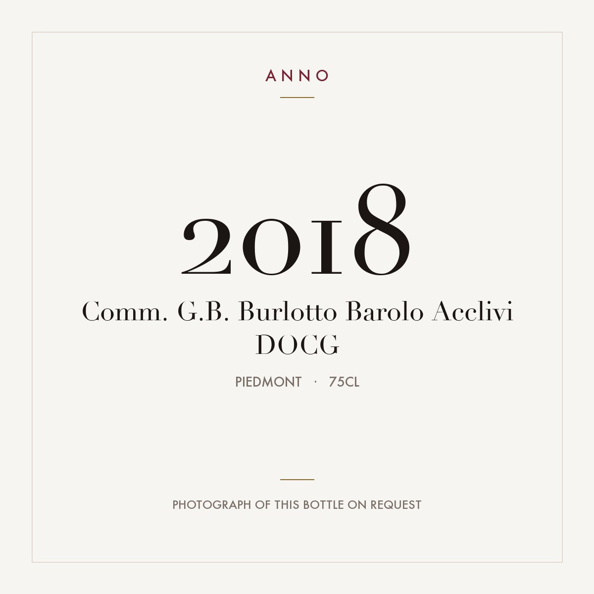 Comm. G.B. Burlotto Barolo Acclivi 2018 DOCG 0,75l from Piedmont — ANNO vintage card; photograph of the actual bottle available on request